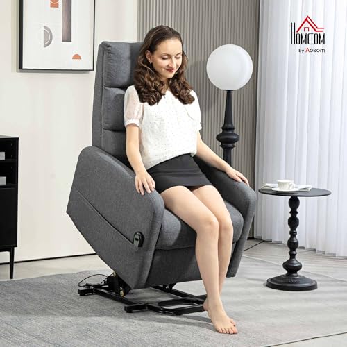 HOMCOM Fernsehsessel mit Aufstehhilfe Elektrisch Relaxsessel mit Liegefunktion, Taschenfederkern, Fußteil, TV-Sessel mit Seitentasche, Fernbedienung und Leinenoptik, Dunkelgrau - 2