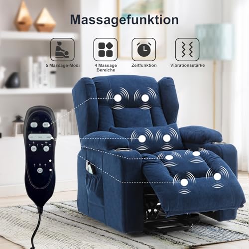 COMHOMA Relaxsessel Aufstehhilfe Massagesessel mit Stoffoberfläche elektrischer Aufstehsessel Fernsehsessel Sessel mit Aufstehhilfe mit Liegefunktion Stoff-blau - 4