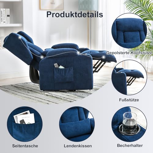 COMHOMA Relaxsessel Aufstehhilfe Massagesessel mit Stoffoberfläche elektrischer Aufstehsessel Fernsehsessel Sessel mit Aufstehhilfe mit Liegefunktion Stoff-blau - 5