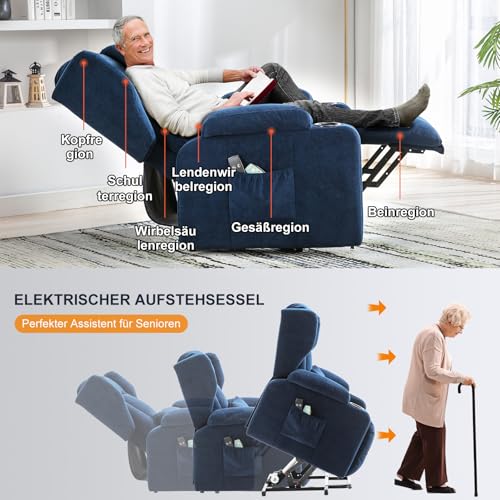 COMHOMA Relaxsessel Aufstehhilfe Massagesessel mit Stoffoberfläche elektrischer Aufstehsessel Fernsehsessel Sessel mit Aufstehhilfe mit Liegefunktion Stoff-blau - 6