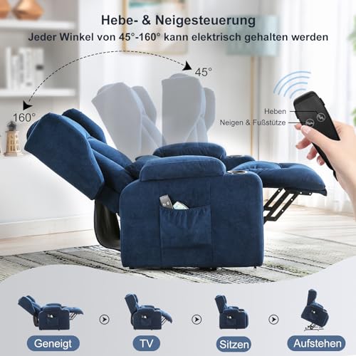 COMHOMA Relaxsessel Aufstehhilfe Massagesessel mit Stoffoberfläche elektrischer Aufstehsessel Fernsehsessel Sessel mit Aufstehhilfe mit Liegefunktion Stoff-blau - 7