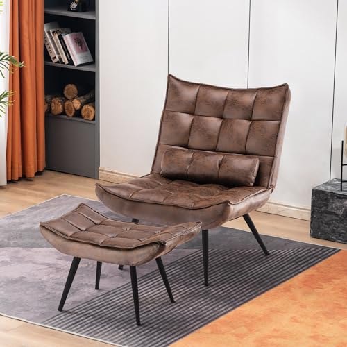 MCombo Sessel mit Hocker, moderner Relaxsessel mit Taillenkissen für Wohnzimmer, Retro Vintage Lesesessel Loungesessel Stuhl Polstersessel,Mikrofaserstoff,4779 (Braun) - 2