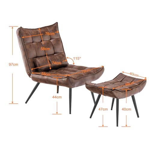 MCombo Sessel mit Hocker, moderner Relaxsessel mit Taillenkissen für Wohnzimmer, Retro Vintage Lesesessel Loungesessel Stuhl Polstersessel,Mikrofaserstoff,4779 (Braun) - 3