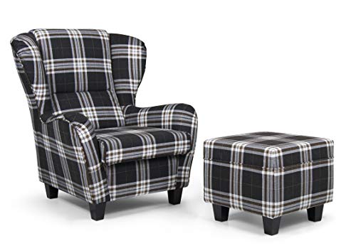 B-famous Ohrensessel mit Hocker Chris braun kariert - 2