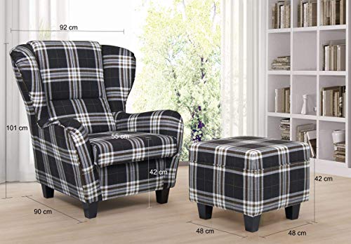 B-famous Ohrensessel mit Hocker Chris braun kariert - 4