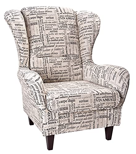 Supellex Ohrensessel – Fernsehsessel Sofia mit Hocker, Dessin: Schriftzüge Lebensweisheiten, beige - 2