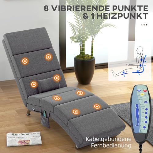 HOMCOM Relaxliege mit 5 Massagemodi Loungesessel mit Lendenkissen, Heizfunktion, Liegesessel mit Seitentasche, Fernbedienung, Leinenoptik, Relaxsessel Chaiselongue Dunkelgrau - 4
