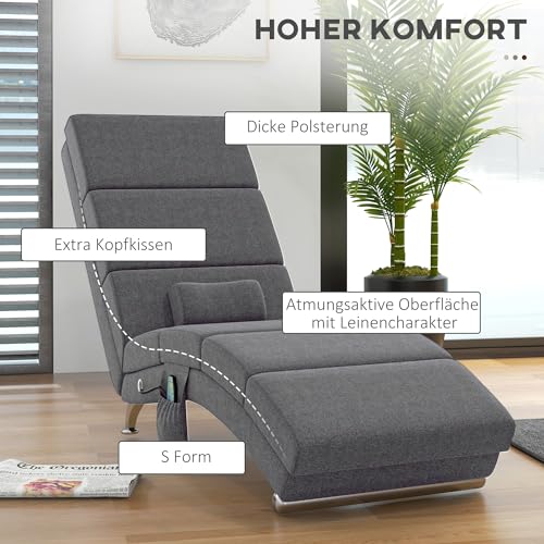 HOMCOM Relaxliege mit 5 Massagemodi Loungesessel mit Lendenkissen, Heizfunktion, Liegesessel mit Seitentasche, Fernbedienung, Leinenoptik, Relaxsessel Chaiselongue Dunkelgrau - 5