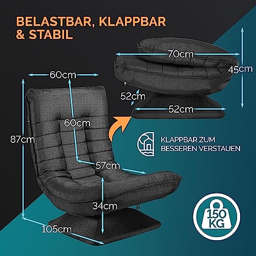 Casaria® Bodenstuhl verstellbare Rückenlehne 360° Drehbar Klappbar 150kg Belastbarkeit 60x105x87cm Gepolstert Wohnzimmer Gaming Relax Boden Sessel Schwarz - 2