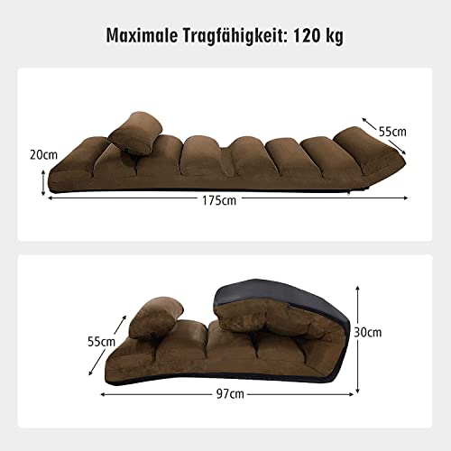 RELAX4LIFE Relaxliege, Bodenliege 5-Fach Einstellbar, Bodenstuhl Faltbar, Relaxsessel mit Kissen, Liegesessel mit Schlaffunktion, bis 120kg belastbar, Klappsessel für Schlafen & Lesen (Braun) - 3
