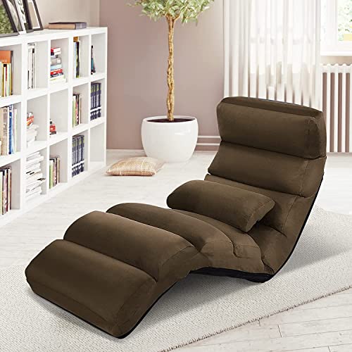 RELAX4LIFE Relaxliege, Bodenliege 5-Fach Einstellbar, Bodenstuhl Faltbar, Relaxsessel mit Kissen, Liegesessel mit Schlaffunktion, bis 120kg belastbar, Klappsessel für Schlafen & Lesen (Braun) - 4