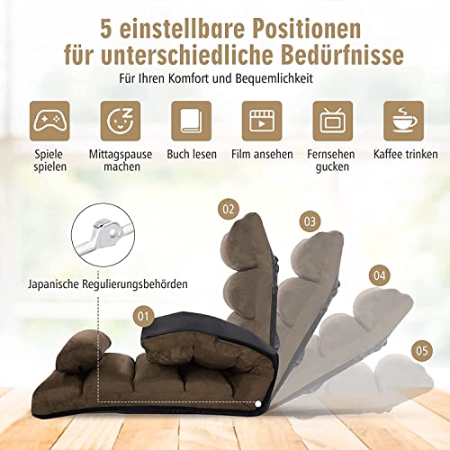 RELAX4LIFE Relaxliege, Bodenliege 5-Fach Einstellbar, Bodenstuhl Faltbar, Relaxsessel mit Kissen, Liegesessel mit Schlaffunktion, bis 120kg belastbar, Klappsessel für Schlafen & Lesen (Braun) - 5