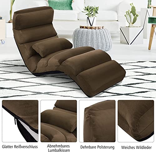 RELAX4LIFE Relaxliege, Bodenliege 5-Fach Einstellbar, Bodenstuhl Faltbar, Relaxsessel mit Kissen, Liegesessel mit Schlaffunktion, bis 120kg belastbar, Klappsessel für Schlafen & Lesen (Braun) - 7