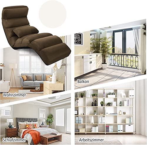 RELAX4LIFE Relaxliege, Bodenliege 5-Fach Einstellbar, Bodenstuhl Faltbar, Relaxsessel mit Kissen, Liegesessel mit Schlaffunktion, bis 120kg belastbar, Klappsessel für Schlafen & Lesen (Braun) - 8