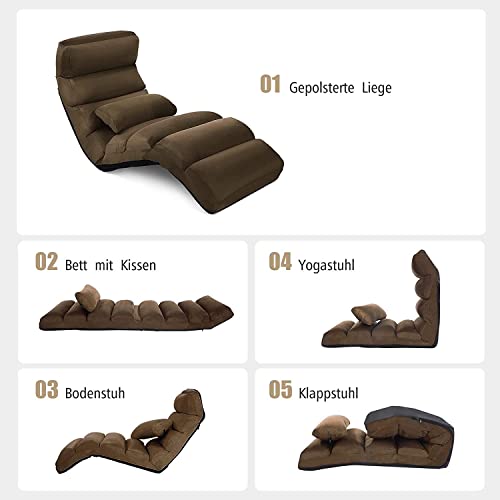 RELAX4LIFE Relaxliege, Bodenliege 5-Fach Einstellbar, Bodenstuhl Faltbar, Relaxsessel mit Kissen, Liegesessel mit Schlaffunktion, bis 120kg belastbar, Klappsessel für Schlafen & Lesen (Braun) - 9