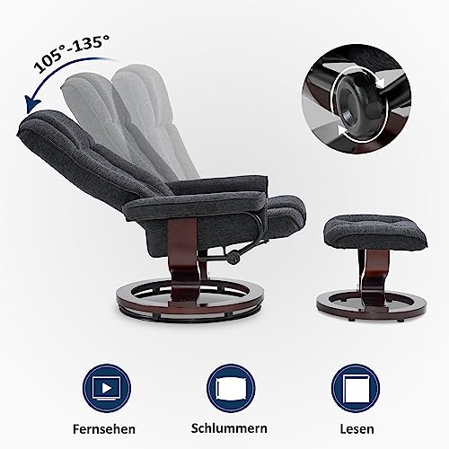 M MCombo Relaxsessel mit Hocker, 360°drehbarer Fernsehsessel mit Liegefunktion, bis 120 Kg belastbarer TV-Sessel, moderner Ruhesessel für Wohnzimmer, Webstoff, 9019 (Dunkelgrau-Webstoff) - 4