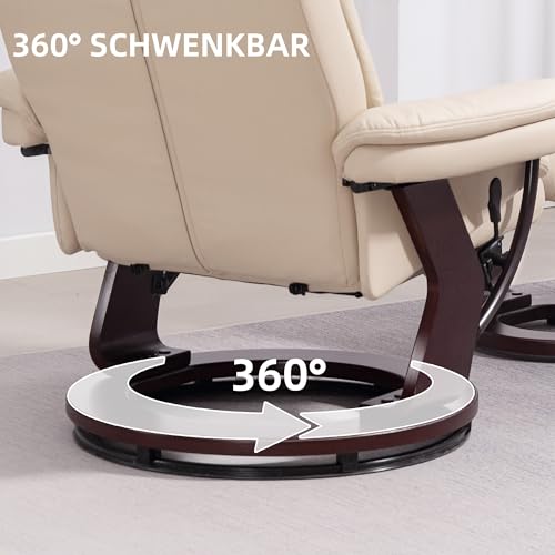 HOMCOM Relaxsessel mit Hocker, 360°drehbarer Fernsehsessel mit Liegefunktion, TV-Sessel mit Taschenfeder für Wohnzimmer, Kunstleder, Cremeweiß - 5