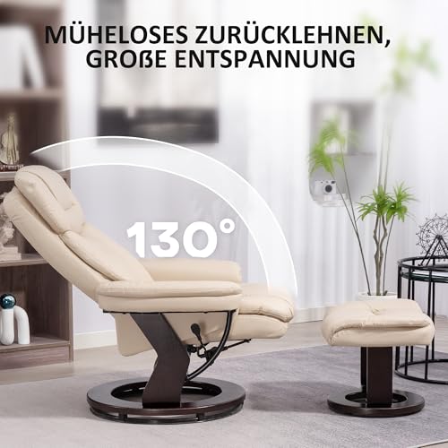 HOMCOM Relaxsessel mit Hocker, 360°drehbarer Fernsehsessel mit Liegefunktion, TV-Sessel mit Taschenfeder für Wohnzimmer, Kunstleder, Cremeweiß - 6