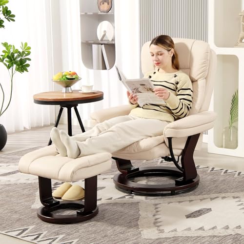 HOMCOM Relaxsessel mit Hocker, 360°drehbarer Fernsehsessel mit Liegefunktion, TV-Sessel mit Taschenfeder für Wohnzimmer, Kunstleder, Cremeweiß - 8