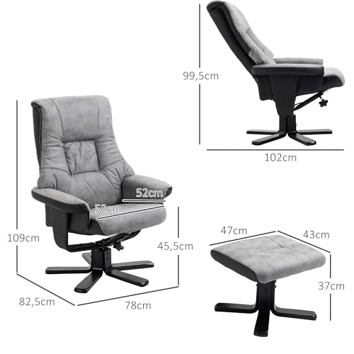 HOMCOM Relaxsessel mit Hocker, Drehbarer Fernsehsessel, TV Sessel mit Liegefunktion,Polstersessel für Wohnzimmer, Schlafzimmer, Mikrofaser Grau, 78 x 82,5 x 109 cm - 3