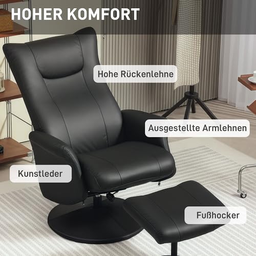 HOMCOM Relaxsessel mit Hocker 360°Drehbarer Fernsehsessel mit Liegefunktion Ruhesessel mit Verstellbar Rückenlehne TV-Sessel bis 150 kg belastbar für Wohnzimmer Kunstleder, Schwarz - 5