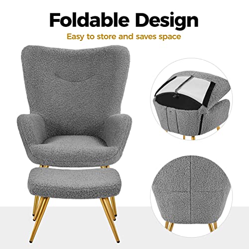 Yaheetech Ohrensessel mit Hocker Polyester-Bezug, Fernsehsessel Armlehnensessel Polstersessel Relaxsessel Cocktailsessel Teddy-Plüsch Stilvolles Design Grau - 6