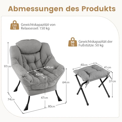 COSTWAY Sessel mit Hocker, Relaxsessel mit Armlehnen, Seitentasche & Fußstütze, Loungesessel, Fernsehsessel, gepolsterter Ohrensessel für Wohnzimmer, Schlafzimmer, Büro (Grau) - 3