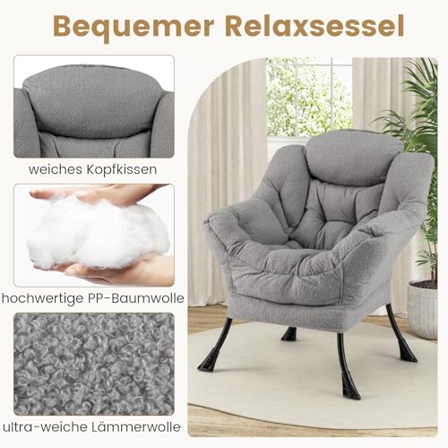 COSTWAY Sessel mit Hocker, Relaxsessel mit Armlehnen, Seitentasche & Fußstütze, Loungesessel, Fernsehsessel, gepolsterter Ohrensessel für Wohnzimmer, Schlafzimmer, Büro (Grau) - 4