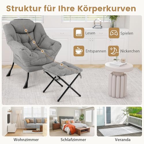 COSTWAY Sessel mit Hocker, Relaxsessel mit Armlehnen, Seitentasche & Fußstütze, Loungesessel, Fernsehsessel, gepolsterter Ohrensessel für Wohnzimmer, Schlafzimmer, Büro (Grau) - 9