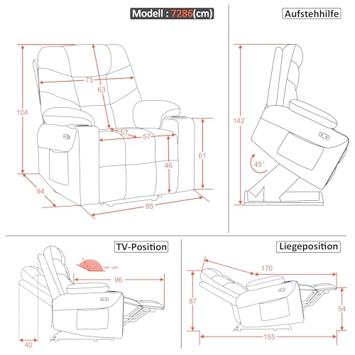 M MCombo Fernsehsessel mit Aufstehhilfe Elektrisch, Relaxsessel mit Liegefunktion, Seniorensessel für Wohnzimmer, TV Sessel mit Liegefunktion bis 140°, mit USB, Retro 7286 (Stoff, Grau) - 3