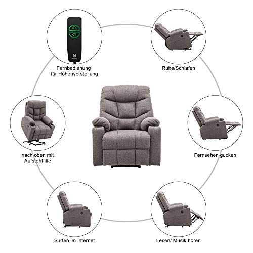 M MCombo Fernsehsessel mit Aufstehhilfe Elektrisch, Relaxsessel mit Liegefunktion, Seniorensessel für Wohnzimmer, TV Sessel mit Liegefunktion bis 140°, mit USB, Retro 7286 (Stoff, Grau) - 4