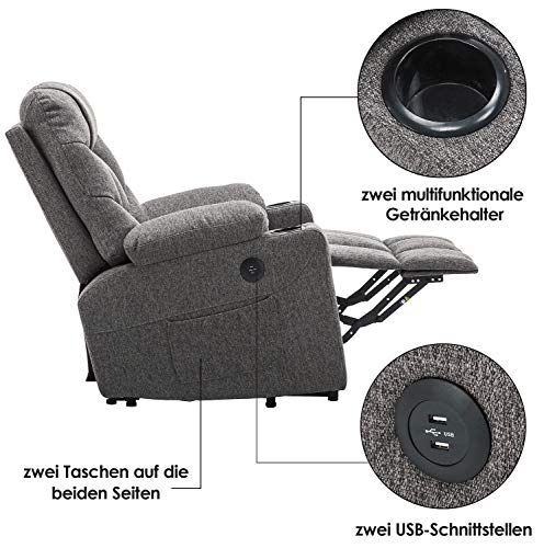 M MCombo Fernsehsessel mit Aufstehhilfe Elektrisch, Relaxsessel mit Liegefunktion, Seniorensessel für Wohnzimmer, TV Sessel mit Liegefunktion bis 140°, mit USB, Retro 7286 (Stoff, Grau) - 5
