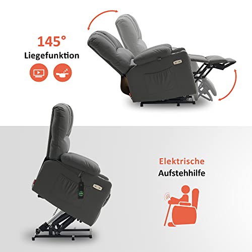 M MCombo Fernsehsessel mit Aufstehhilfe Elektrisch, Verbreiterte Rückenlehne Sessel mit Aufstehhilfe, Massage & Heizung, Relaxsessel mit Liegefunktion bis 145° USB 7102 (Mikrofaser-Stoff, Grau) - 4
