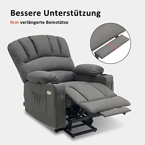 M MCombo Fernsehsessel mit Aufstehhilfe Elektrisch, Verbreiterte Rückenlehne Sessel mit Aufstehhilfe, Massage & Heizung, Relaxsessel mit Liegefunktion bis 145° USB 7102 (Mikrofaser-Stoff, Grau) - 6
