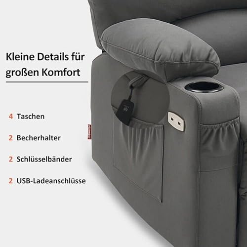 M MCombo Fernsehsessel mit Aufstehhilfe Elektrisch, Verbreiterte Rückenlehne Sessel mit Aufstehhilfe, Massage & Heizung, Relaxsessel mit Liegefunktion bis 145° USB 7102 (Mikrofaser-Stoff, Grau) - 7