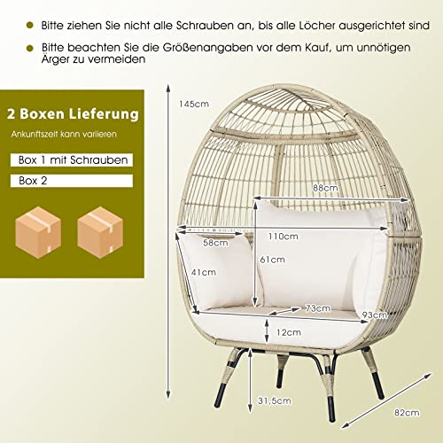 COSTWAY Korbsessel Rattan, übergroßer Gartensessel mit 4 Kissen und Metallgestell, Rattansessel XXL, Loungesessel für Balkon, Garten, Terrasse, Wohnzimmer - 3