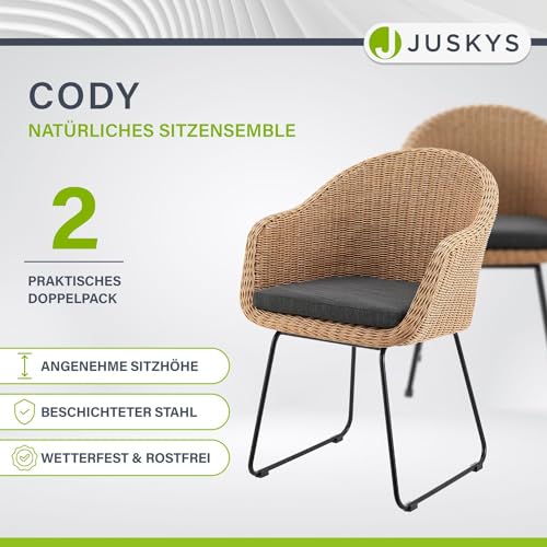 Juskys Rattan Korbsessel Cody 2er Set mit Kissen - Indoor & Outdoor Rattanstühle - Korbstuhl bis 100 kg belastbar - Korbstühle modern - Stühle Natur - 3