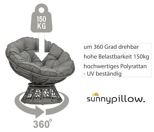sunnypillow Papasansessel | Rattansessel mit Kissen rund Durchmesser 120 cm | gemütlicher Loungesessel drehbar für Wohnzimmer | Balkon Sessel Korbsessel Rattan Lesesessel | Outdoor/Indoor | Grau - 4