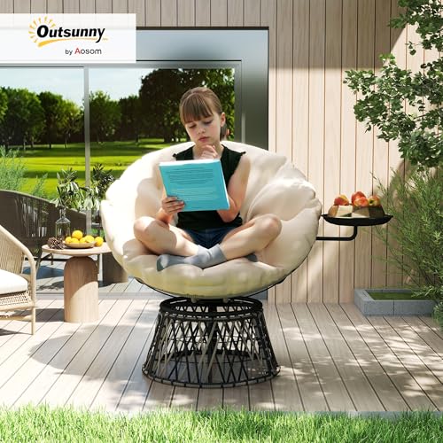 Outsunny Papasansessel Rattan 360° drehbar Korbsessel mit Kissen Durchmesser 90 cm runder Outdoor Rattansessel Drehsessel Loungesessel Liegesessel für Wohnzimmer Garten Balkon Beige - 2