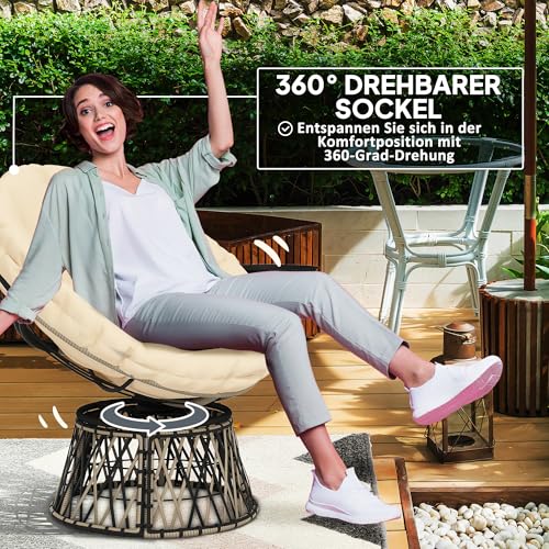 Outsunny Papasansessel Rattan 360° drehbar Korbsessel mit Kissen Durchmesser 90 cm runder Outdoor Rattansessel Drehsessel Loungesessel Liegesessel für Wohnzimmer Garten Balkon Beige - 4