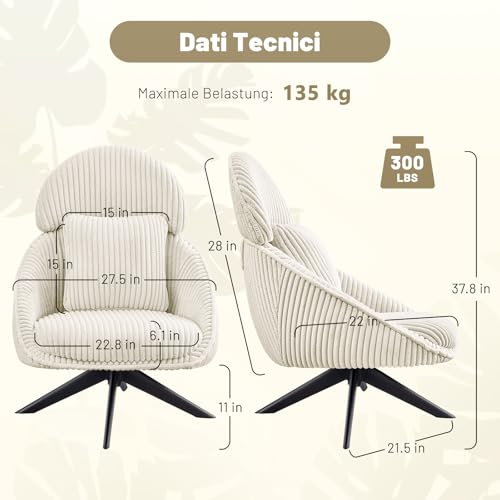 Ckaff Loungesessel Sessel Wohnzimmer 360°Drehbar, Ohrensessel Armlehnstuhl Polsterstuhl mit dickem Abnehmbares Wurfkissen, Relaxsessel Lesesessel für Wohnzimmer Schlafzimmer Büro, Beige - 2