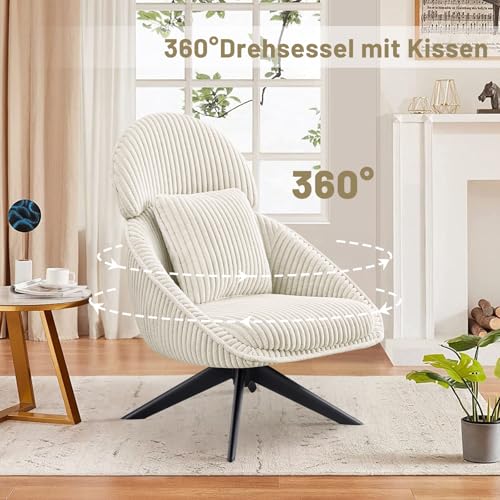 Ckaff Loungesessel Sessel Wohnzimmer 360°Drehbar, Ohrensessel Armlehnstuhl Polsterstuhl mit dickem Abnehmbares Wurfkissen, Relaxsessel Lesesessel für Wohnzimmer Schlafzimmer Büro, Beige - 3