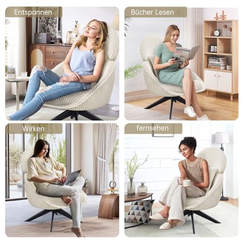 Ckaff Loungesessel Sessel Wohnzimmer 360°Drehbar, Ohrensessel Armlehnstuhl Polsterstuhl mit dickem Abnehmbares Wurfkissen, Relaxsessel Lesesessel für Wohnzimmer Schlafzimmer Büro, Beige - 4