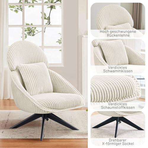 Ckaff Loungesessel Sessel Wohnzimmer 360°Drehbar, Ohrensessel Armlehnstuhl Polsterstuhl mit dickem Abnehmbares Wurfkissen, Relaxsessel Lesesessel für Wohnzimmer Schlafzimmer Büro, Beige - 6