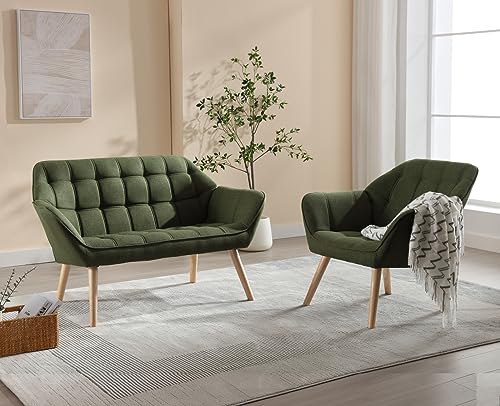 chairus Gepolsterter Armlehnensessel Leinen Einzelsofa Loungesessel für Wohnzimmer Modern Armlehnstuhl mit Holzbeinen (Grün-1) - 7