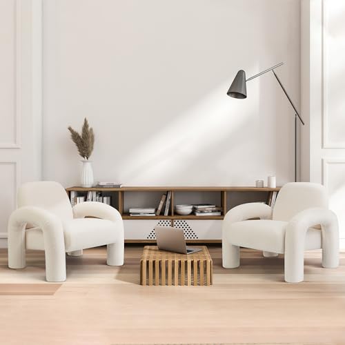 Makika Sessel Loungesessel Einzelsofa aus Boucle Lia - Einzelsessel Armlehnstuhl Polsterstuhl Sofa bis 120kg - eleganter Armsessel Loungesofa Relaxsessel für Wohnzimmer Schlafzimmer in Weiß - 2