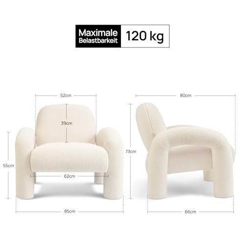Makika Sessel Loungesessel Einzelsofa aus Boucle Lia - Einzelsessel Armlehnstuhl Polsterstuhl Sofa bis 120kg - eleganter Armsessel Loungesofa Relaxsessel für Wohnzimmer Schlafzimmer in Weiß - 3