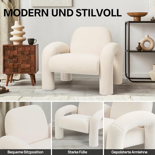 Makika Sessel Loungesessel Einzelsofa aus Boucle Lia - Einzelsessel Armlehnstuhl Polsterstuhl Sofa bis 120kg - eleganter Armsessel Loungesofa Relaxsessel für Wohnzimmer Schlafzimmer in Weiß - 4
