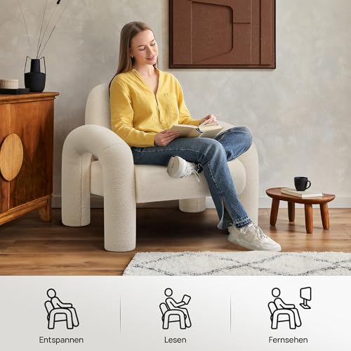Makika Sessel Loungesessel Einzelsofa aus Boucle Lia - Einzelsessel Armlehnstuhl Polsterstuhl Sofa bis 120kg - eleganter Armsessel Loungesofa Relaxsessel für Wohnzimmer Schlafzimmer in Weiß - 5