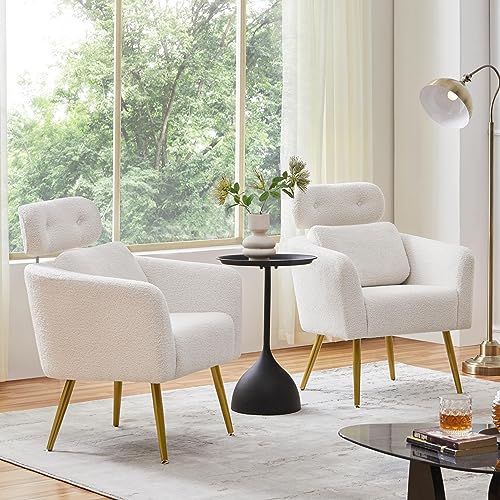 Yaheetech Loungesessel aus Bouclé-Gewebe Sessel Polstersessel mit höhenverstellbarer Kopfstütze Fernsehsessel mit Metallbeinen für Wohnzimmer/Büro Weiß - 2
